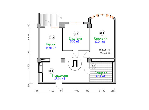 ЖК Адмирал: планировка 2-комнатной квартиры 92.28 м²