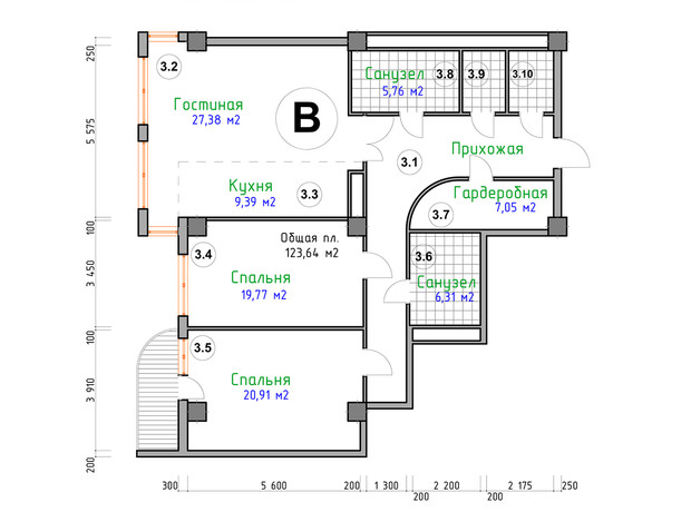 ЖК Адмирал: планировка 3-комнатной квартиры 123.64 м²