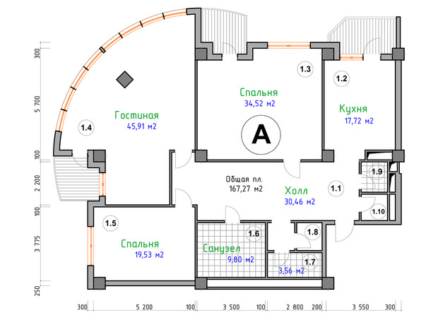 ЖК Адмірал: планування 3-кімнатної квартири 167.27 м²