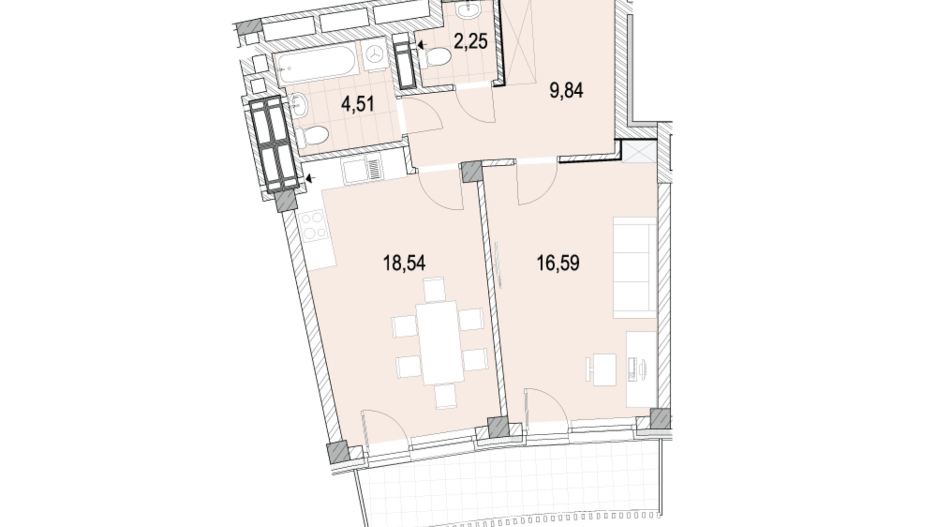 Планування 1-кімнатної квартири в ЖК La Mer 55.77 м², фото 124733