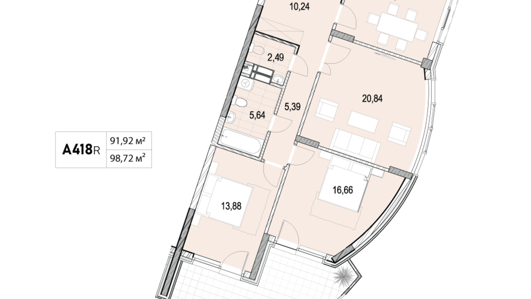 Планировка 3-комнатной квартиры в ЖК La Mer 98.72 м², фото 124740