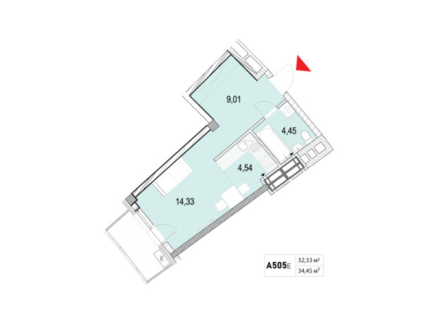 ЖК La Mer: планування 1-кімнатної квартири 34.45 м²