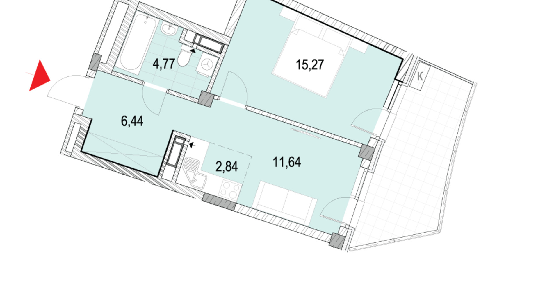 Планування 1-кімнатної квартири в ЖК La Mer 44.21 м², фото 124764