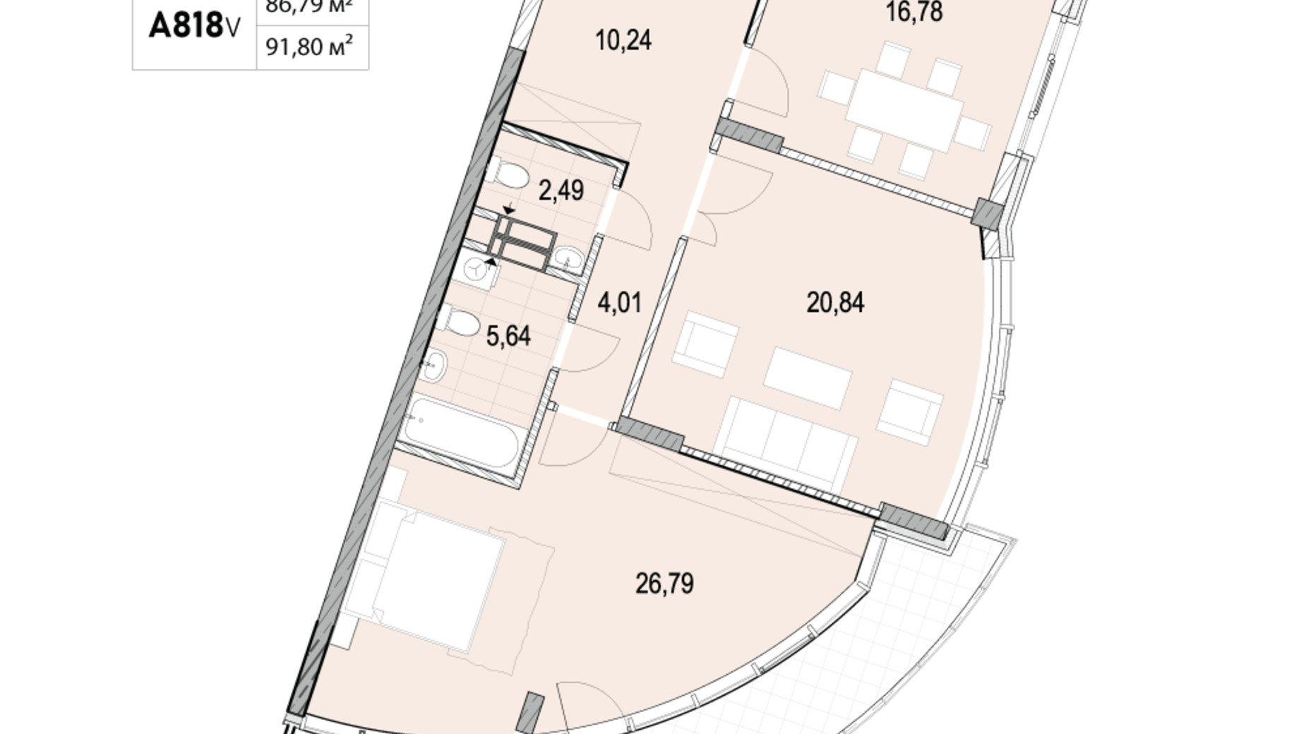 Планування 2-кімнатної квартири в ЖК La Mer 91.8 м², фото 124779