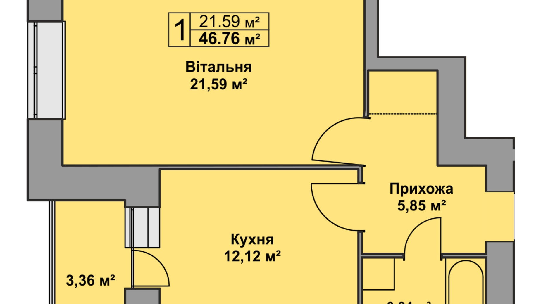 Планування 1-кімнатної квартири в ЖК Східна Брама 46.76 м², фото 126478