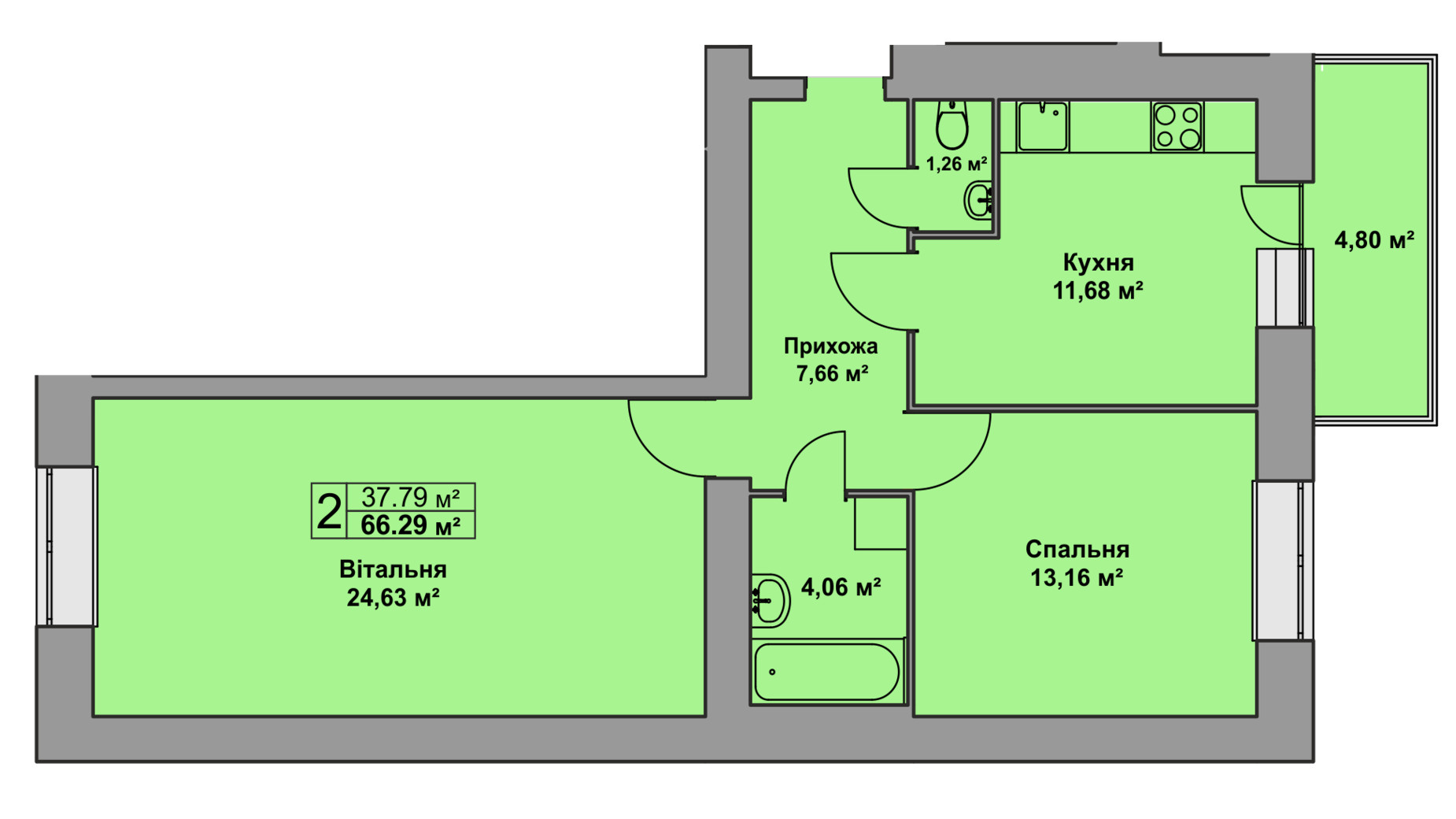 Планировка 2-комнатной квартиры в ЖК Східна Брама 66.29 м², фото 126480