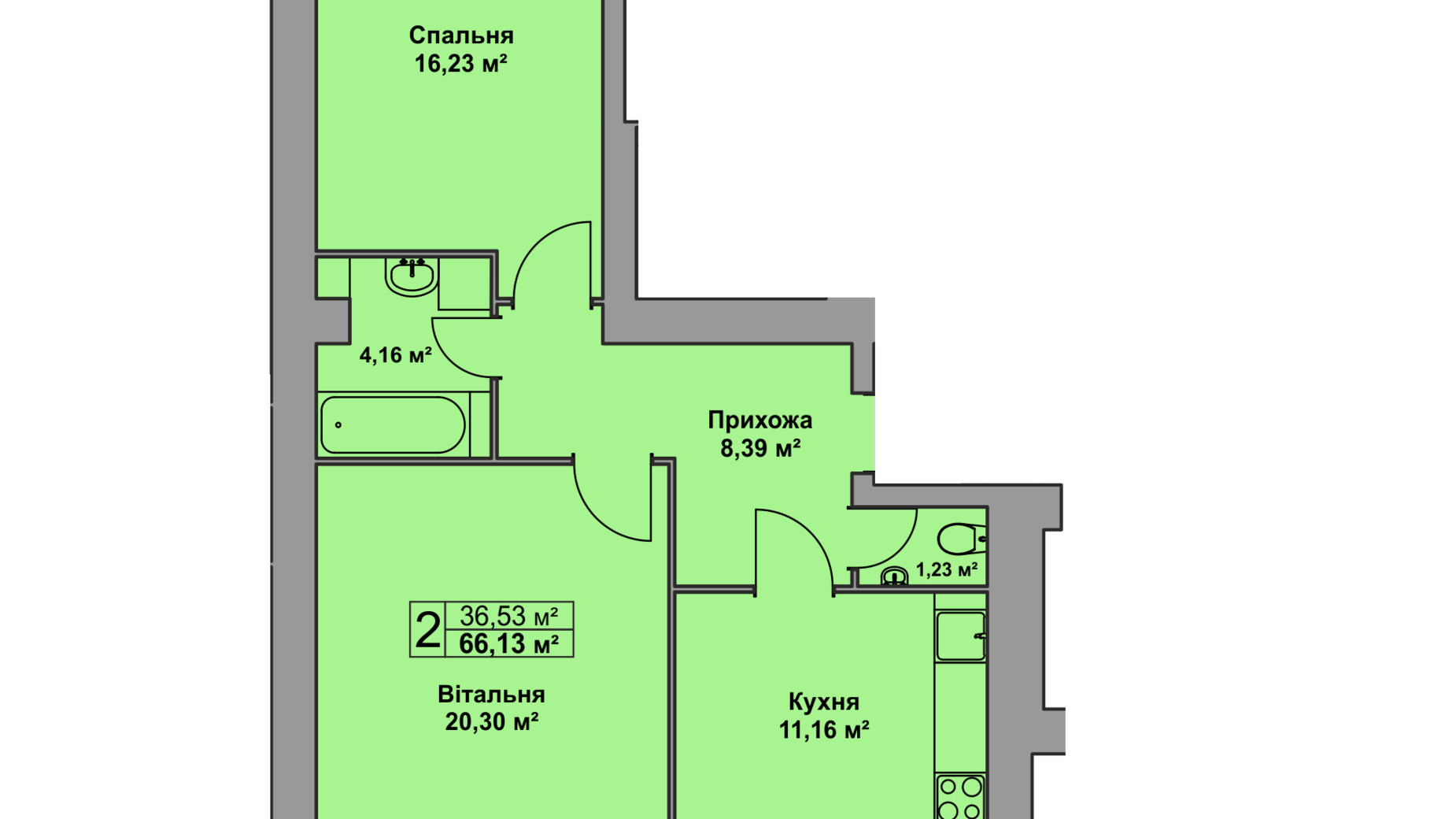 Планування 2-кімнатної квартири в ЖК Східна Брама 66.13 м², фото 126481