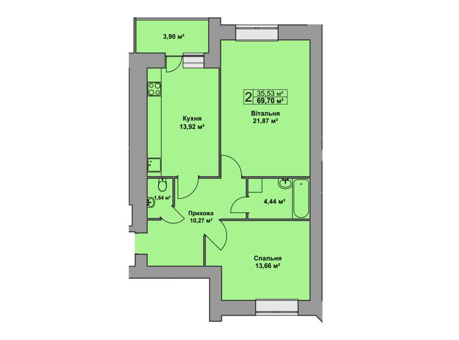 Планировка 2-комнатной квартиры в ЖК Східна Брама 69.7 м², фото 126483 Планировка 2-комнатной квартиры в ЖК Східна Брама 69.7 м², фото 126483