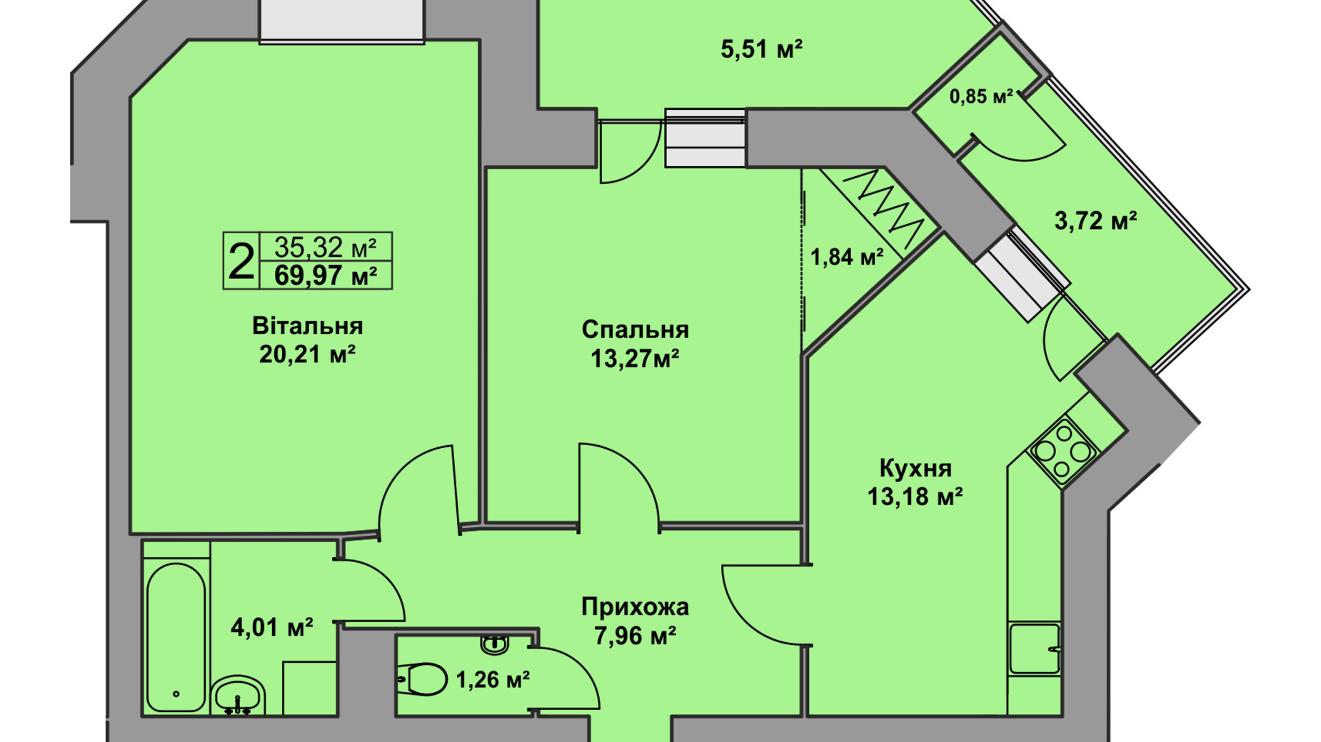 Планування 2-кімнатної квартири в ЖК Східна Брама 69.97 м², фото 126484