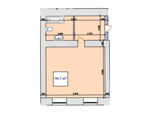 Клубний будинок Наваль : планування 1-кімнатної квартири 44.7 м²