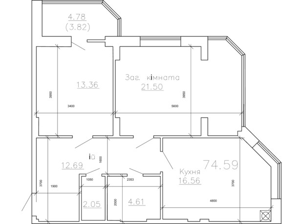 ЖК Панорама: планування 2-кімнатної квартири 74.59 м²