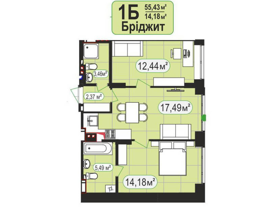 Планировка 2-комнатной квартиры в ЖК Мюнхаузен 2 55.43 м², фото 128017 Планировка 2-комнатной квартиры в ЖК Мюнхаузен 2 55.43 м², фото 128017