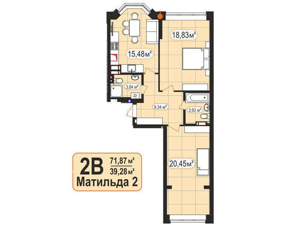 ЖК Мюнхаузен 2: планировка 2-комнатной квартиры 71.87 м²