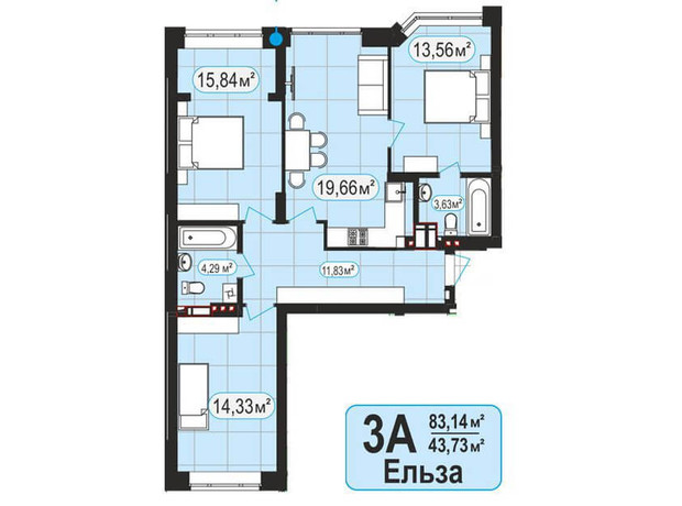 ЖК Мюнхаузен 2: планировка 3-комнатной квартиры 83.5 м²