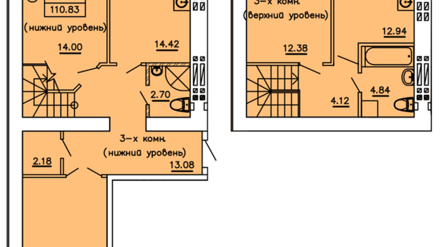 Планировка много­уровневой квартиры в ЖК Теплый дом 110.83 м², фото 129159