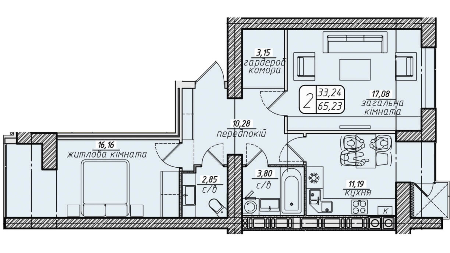 Планировка 2-комнатной квартиры в ЖК Западный 65.23 м², фото 130047