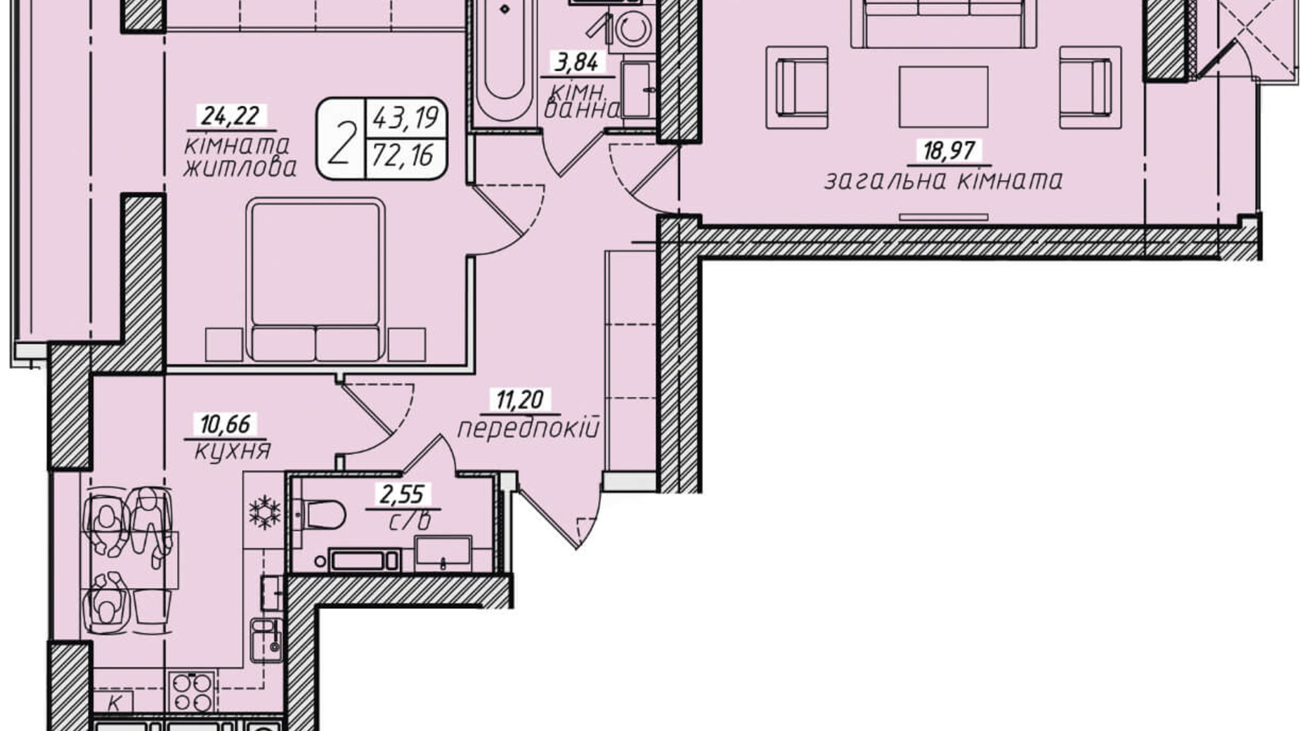 Планировка 2-комнатной квартиры в ЖК Западный 72.16 м², фото 130048