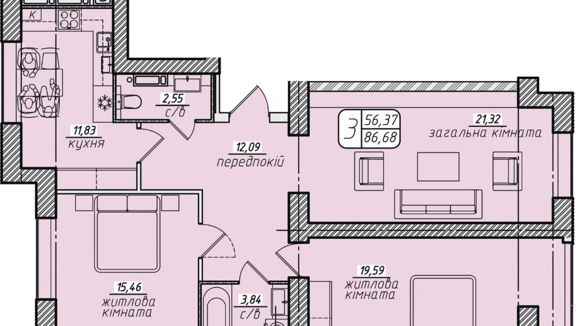 Планування 3-кімнатної квартири в ЖК Західний 86.68 м², фото 130054