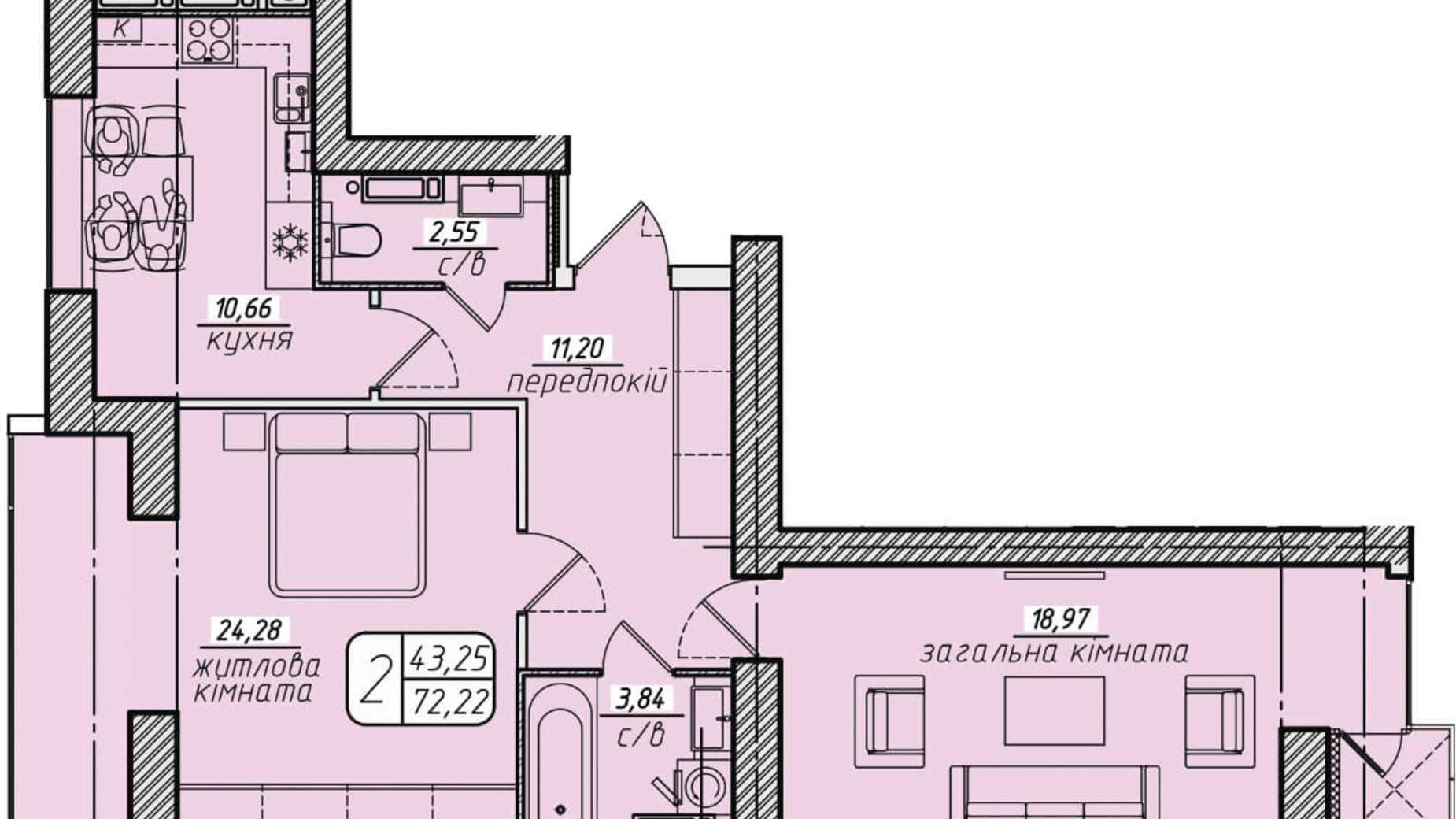 Планування 2-кімнатної квартири в ЖК Західний 72.22 м², фото 130055