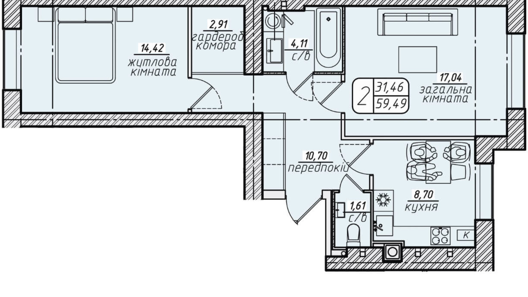 Планировка 2-комнатной квартиры в ЖК Западный 59.49 м², фото 130056