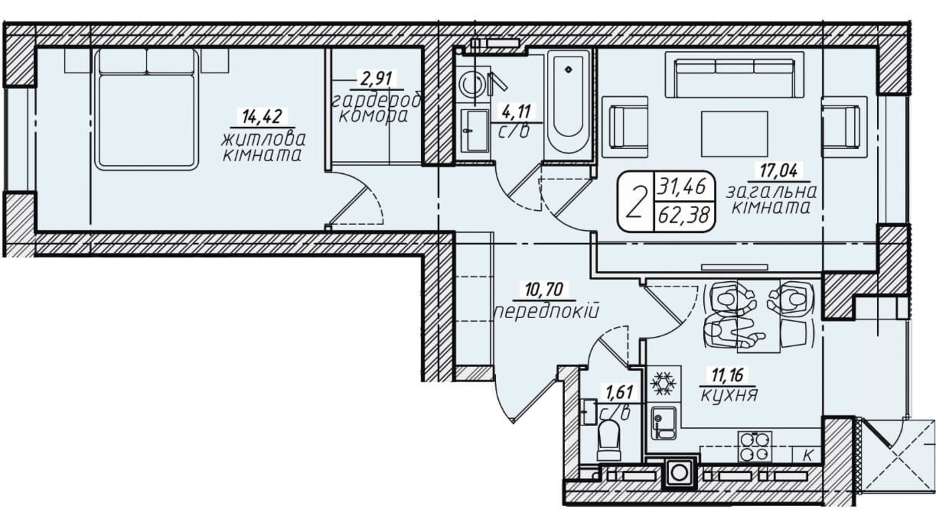 Планировка 2-комнатной квартиры в ЖК Западный 62.38 м², фото 130058