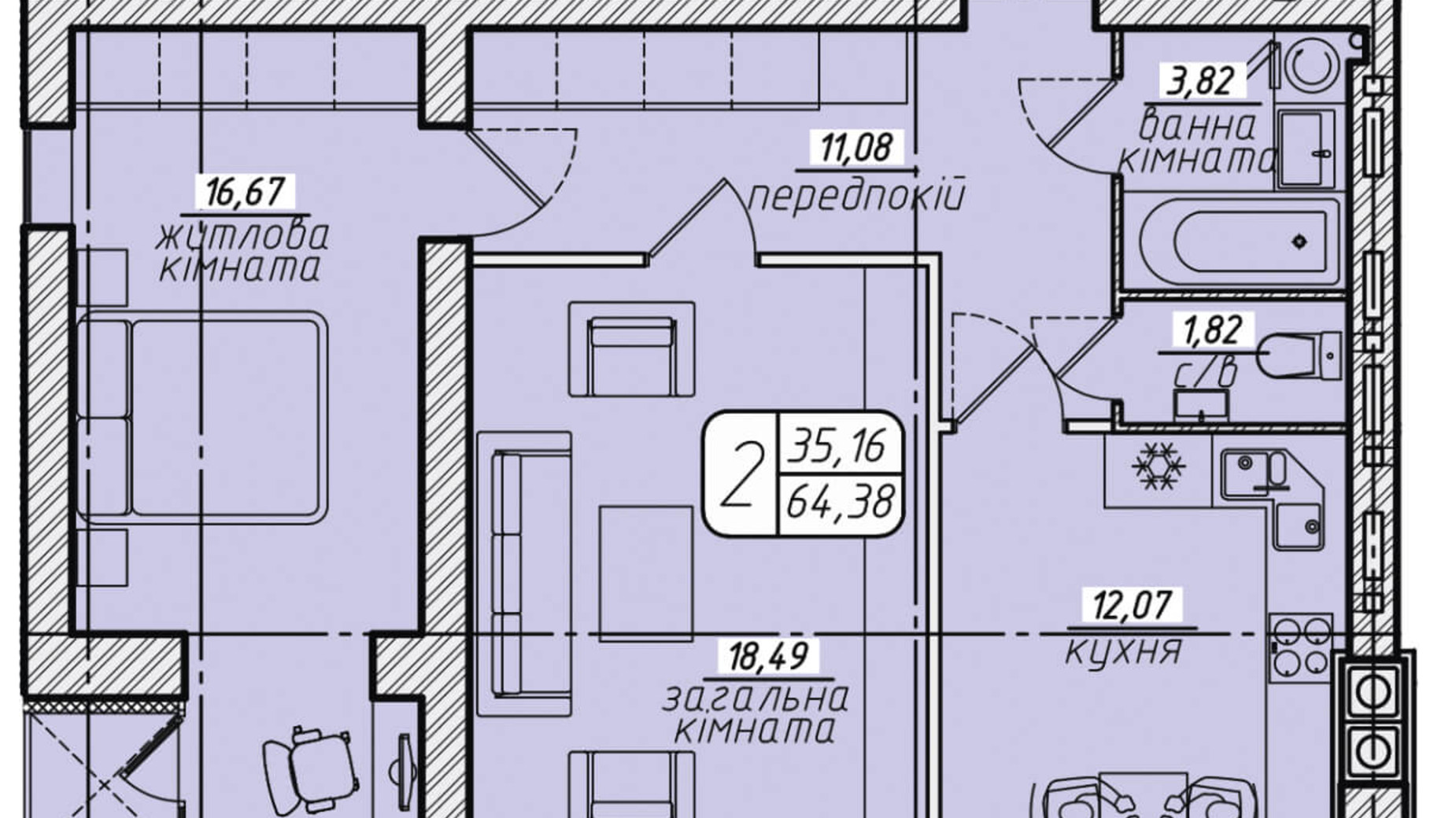 Планировка 2-комнатной квартиры в ЖК Западный 64.38 м², фото 130059