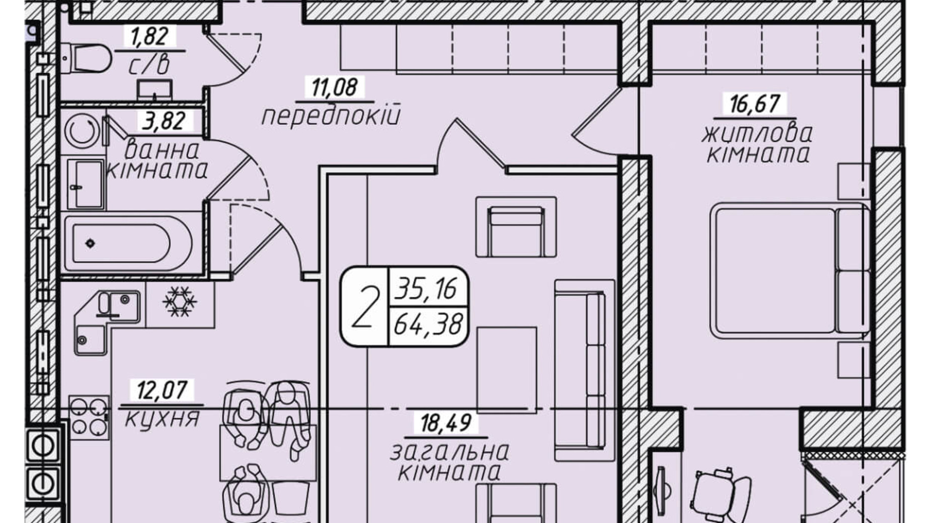 Планировка 2-комнатной квартиры в ЖК Западный 64.38 м², фото 130060