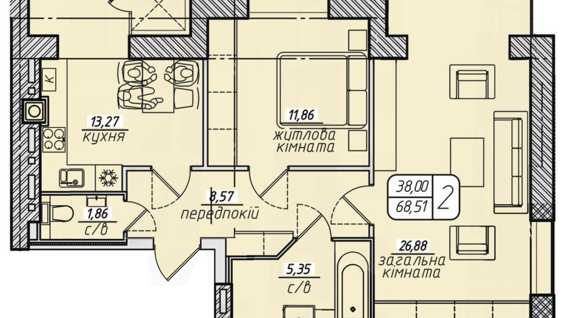 Планування 2-кімнатної квартири в ЖК Західний 68.51 м², фото 130071