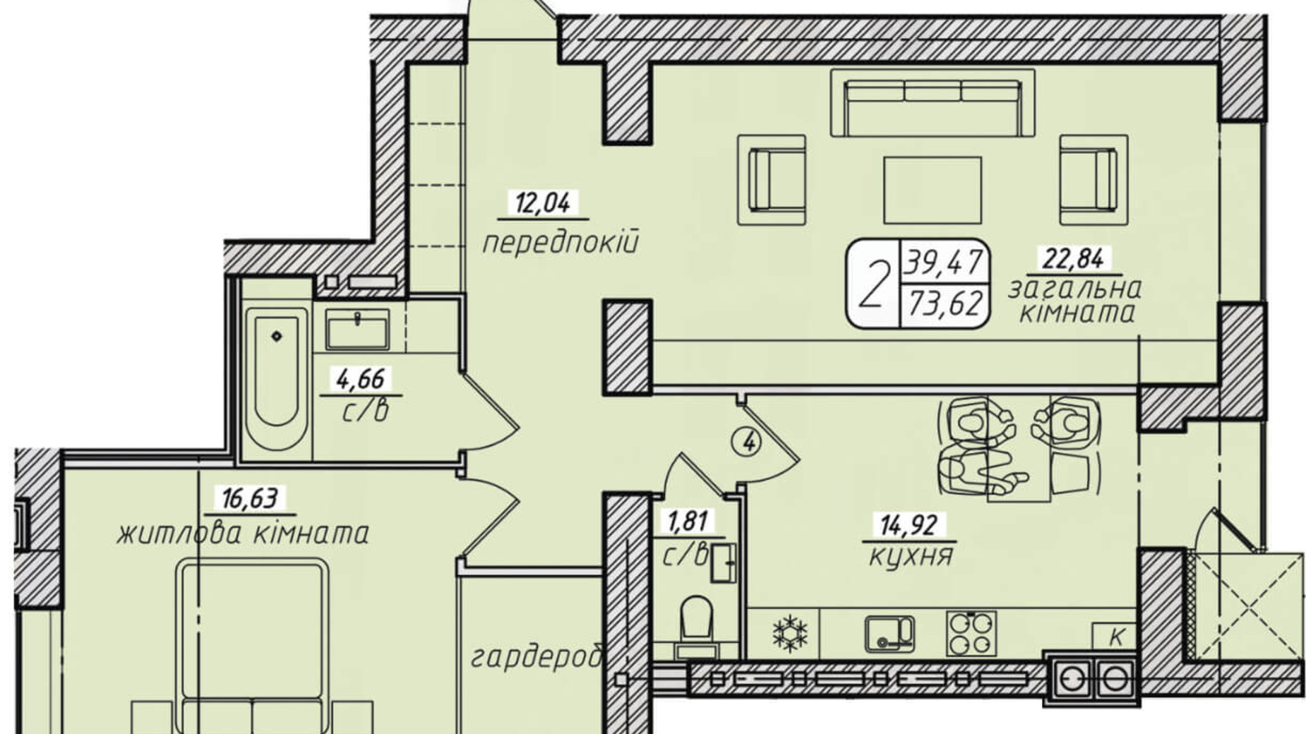 Планировка 2-комнатной квартиры в ЖК Западный 73.62 м², фото 130072