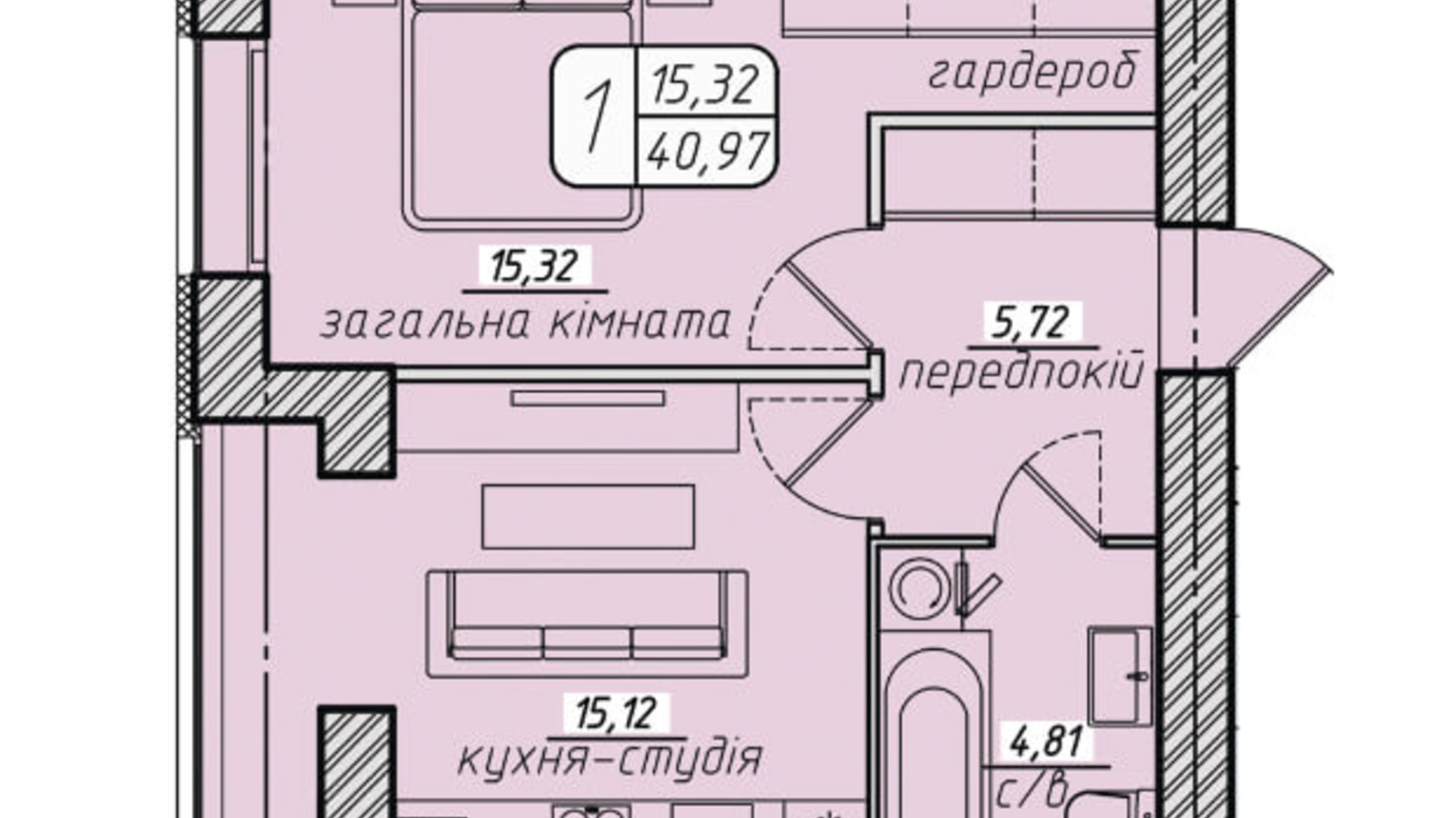 Планировка 1-комнатной квартиры в ЖК Западный 40.97 м², фото 130093