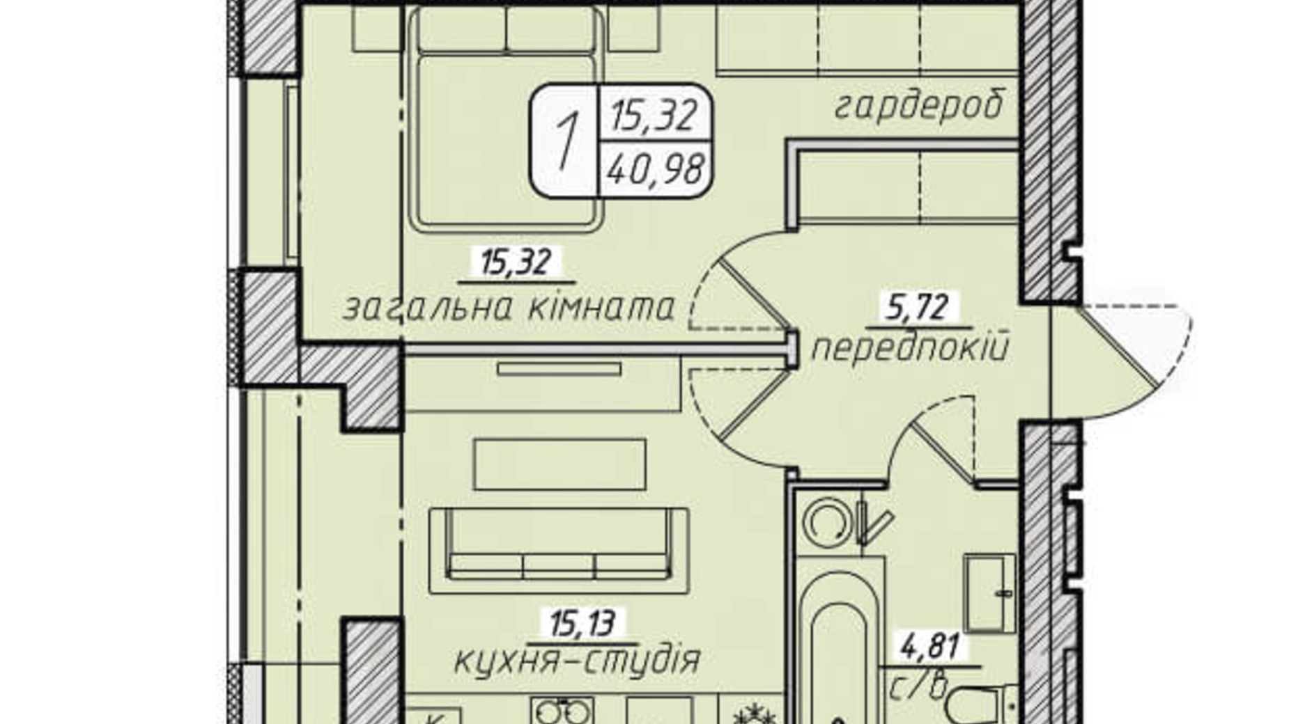 Планировка 1-комнатной квартиры в ЖК Западный 40.98 м², фото 130094