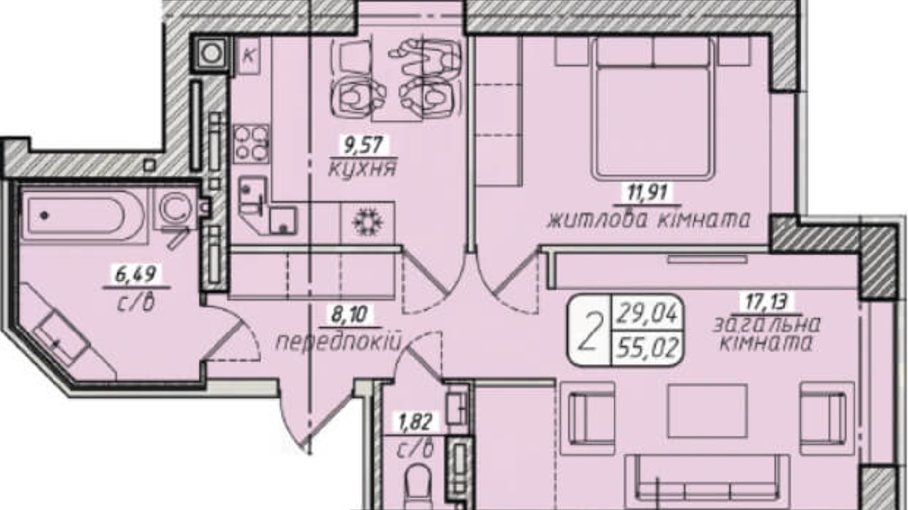 Планировка 2-комнатной квартиры в ЖК Западный 55.02 м², фото 130095