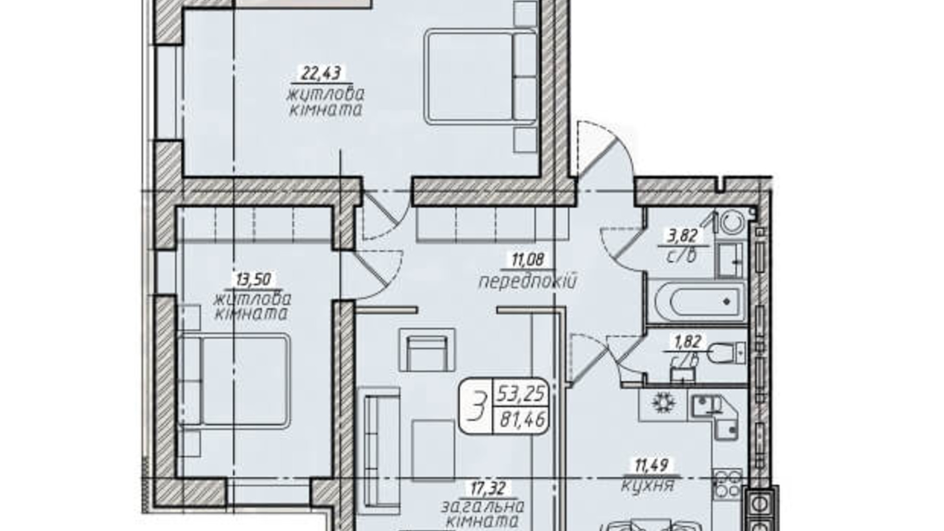 Планировка 3-комнатной квартиры в ЖК Западный 81.46 м², фото 130098