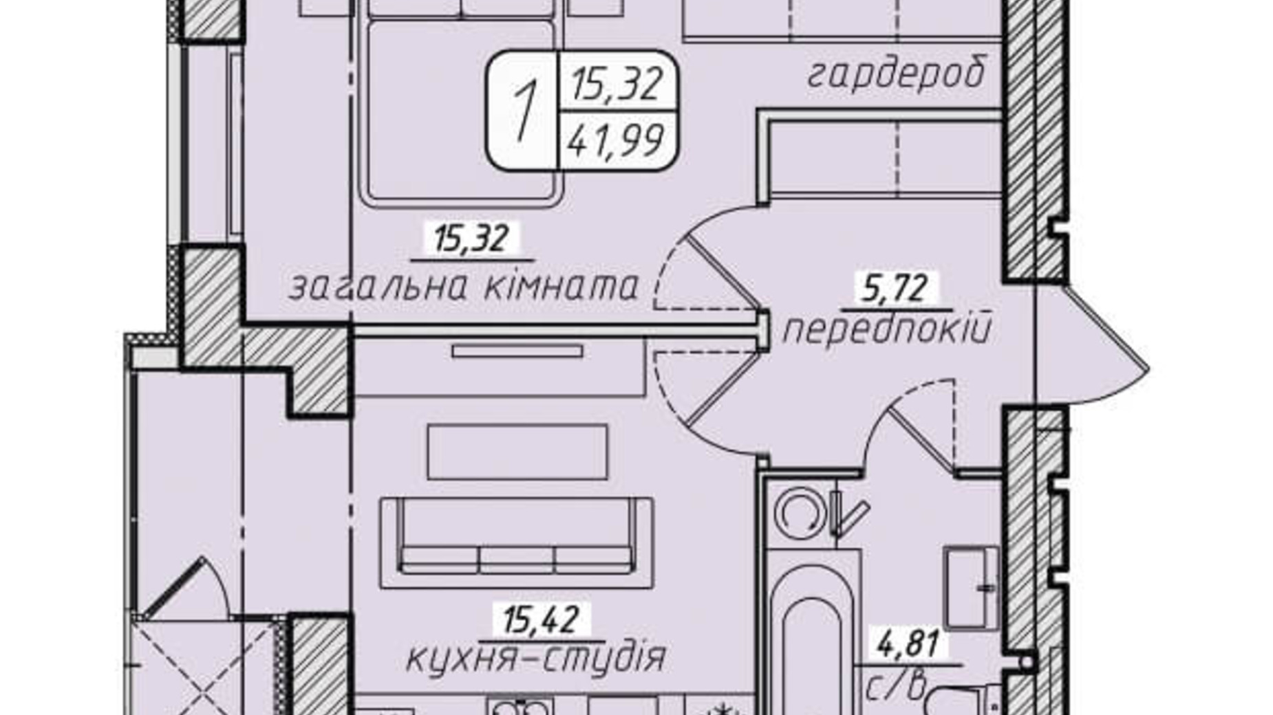 Планировка 1-комнатной квартиры в ЖК Западный 41.99 м², фото 130099