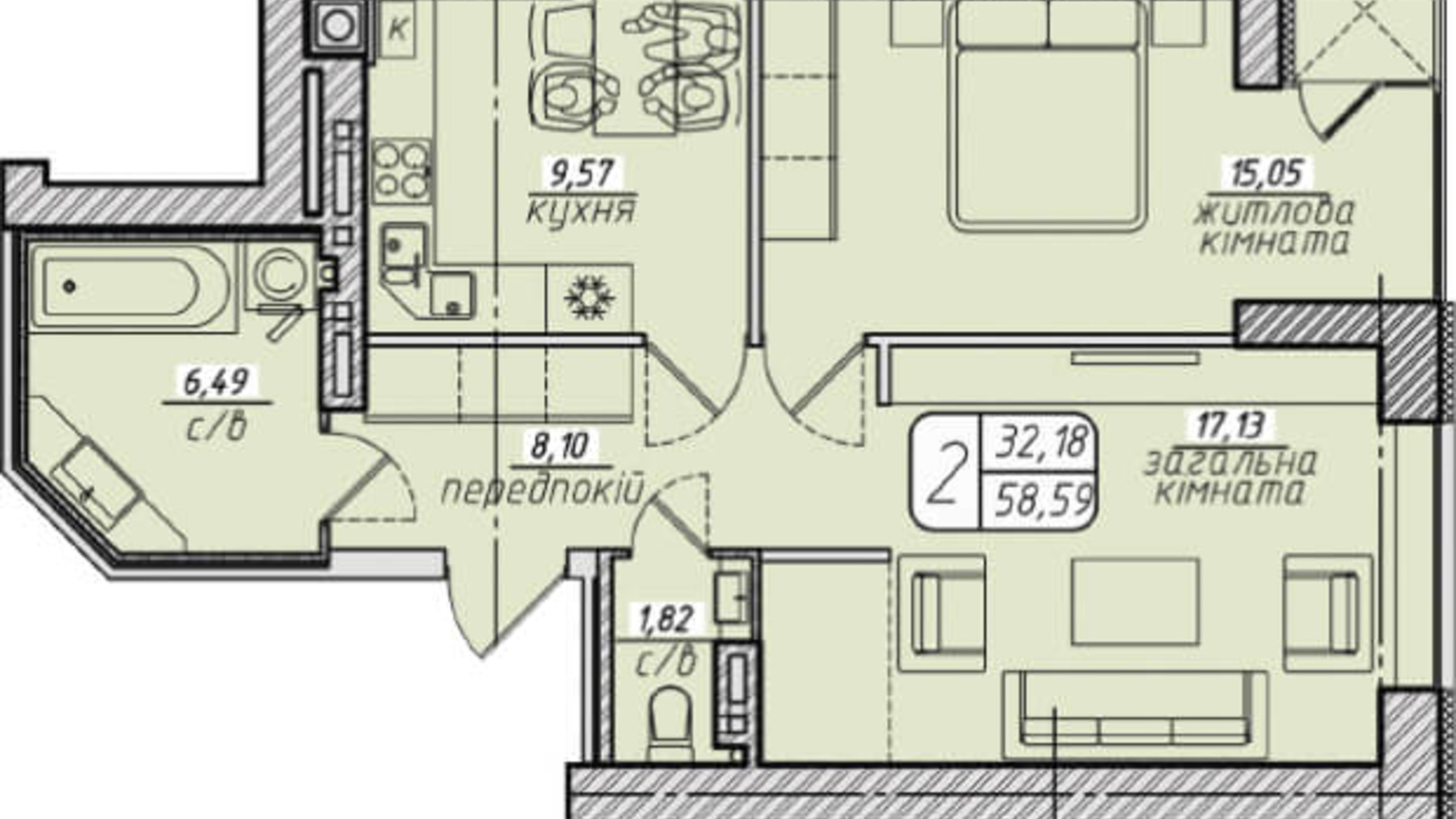 Планировка 2-комнатной квартиры в ЖК Западный 58.59 м², фото 130101