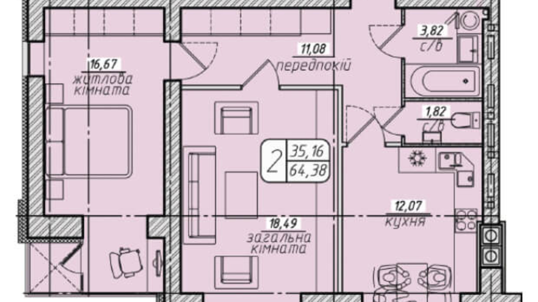 Планування 2-кімнатної квартири в ЖК Західний 64.38 м², фото 130103