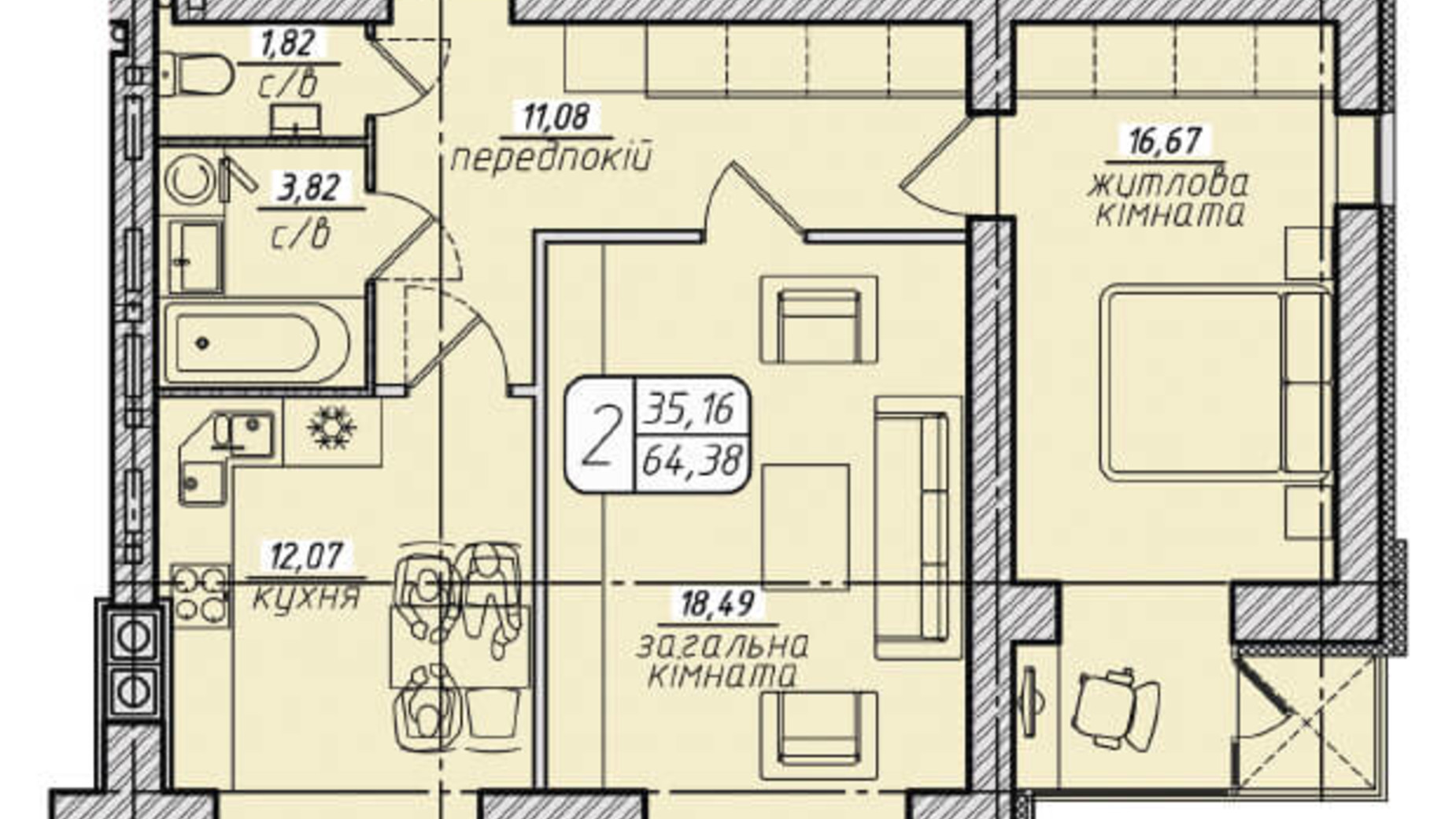 Планировка 2-комнатной квартиры в ЖК Западный 64.38 м², фото 130104