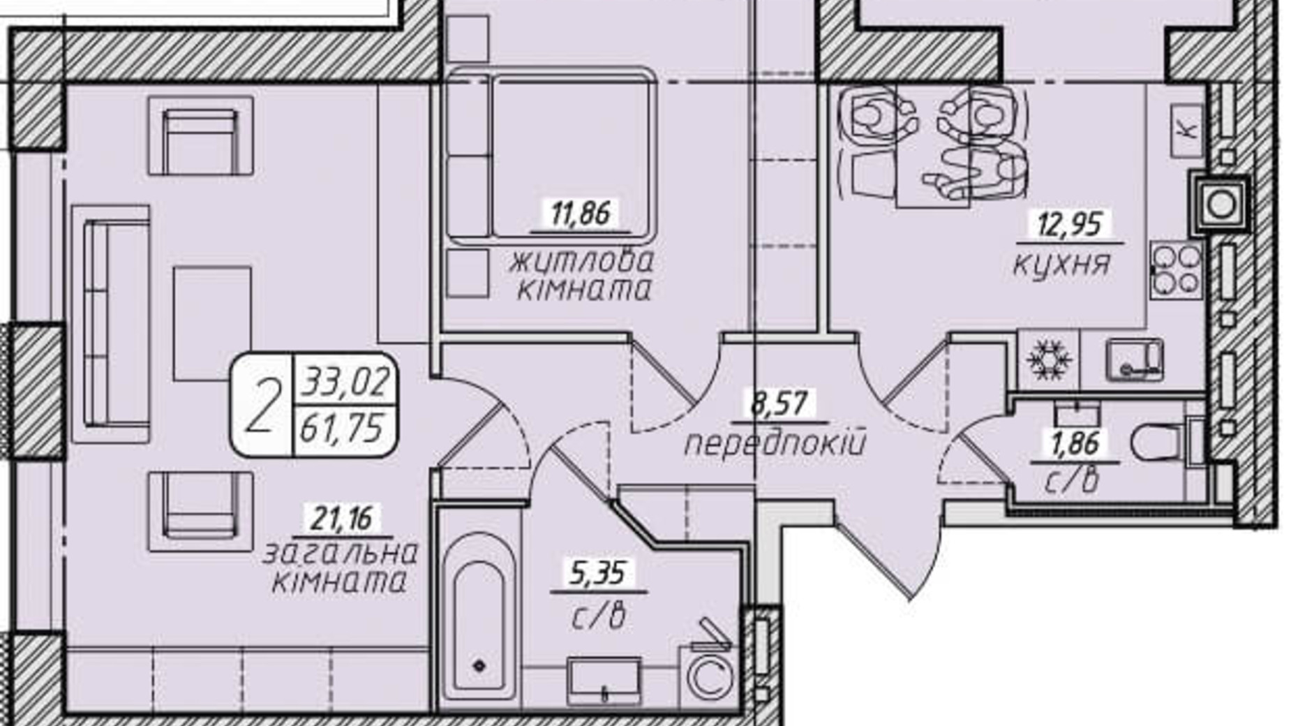 Планировка 2-комнатной квартиры в ЖК Западный 61.75 м², фото 130107