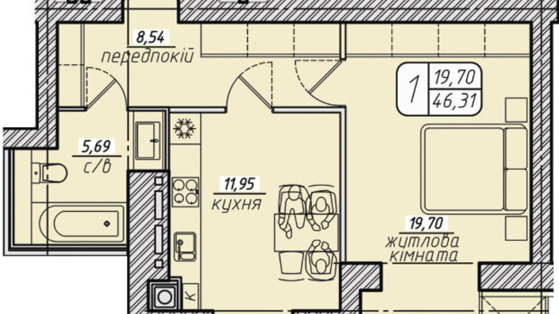 Планировка 1-комнатной квартиры в ЖК Западный 46.31 м², фото 130110
