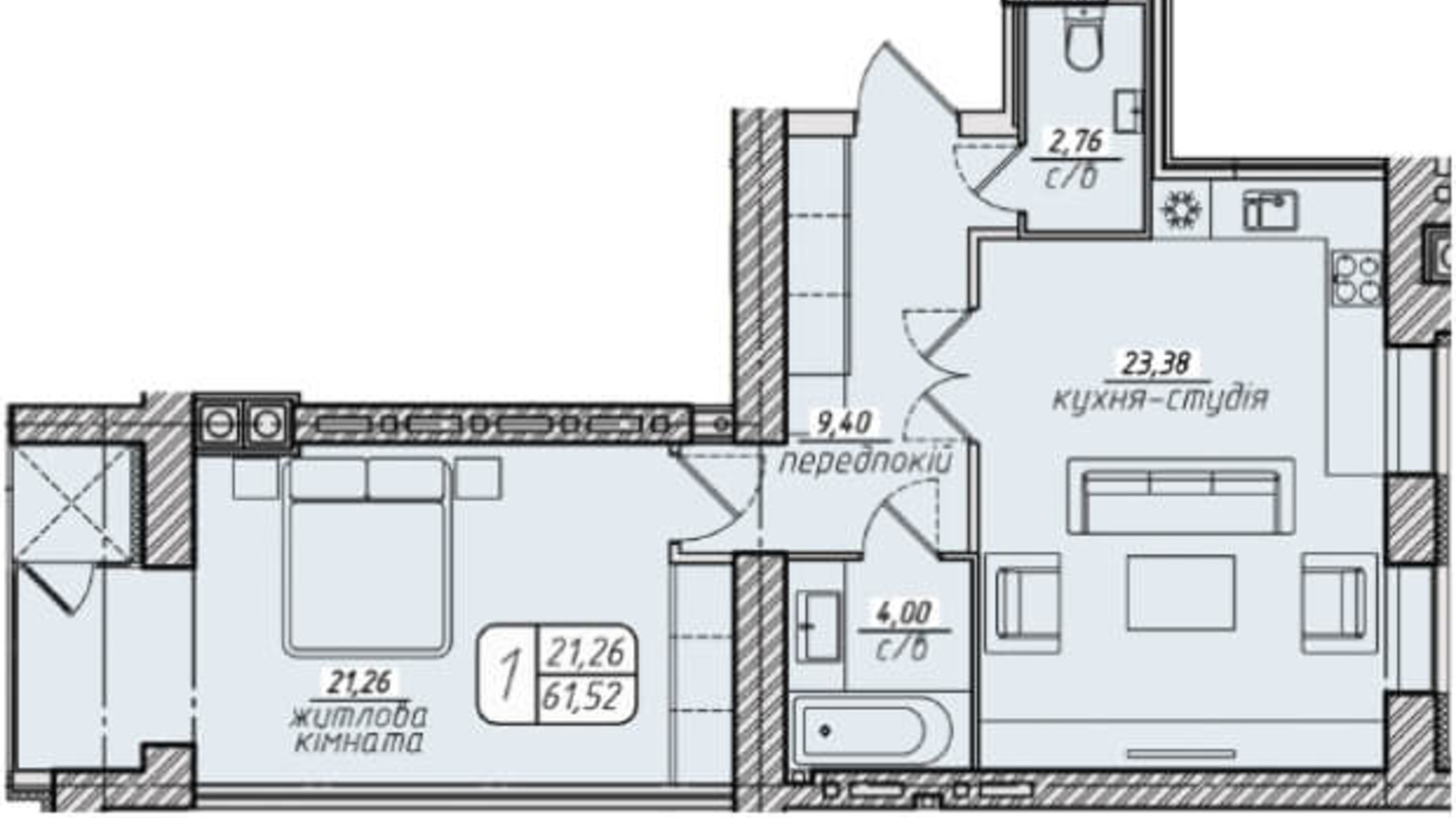 Планировка 1-комнатной квартиры в ЖК Западный 61.52 м², фото 130111