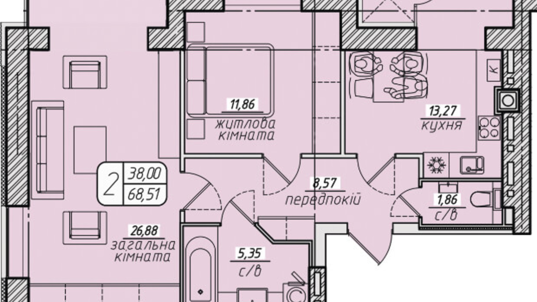Планировка 2-комнатной квартиры в ЖК Западный 68.51 м², фото 130112