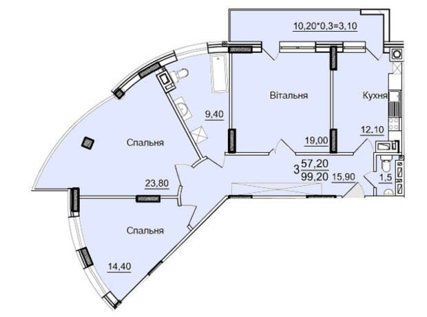 ЖК Буковинский: планировка 3-комнатной квартиры 99.2 м²