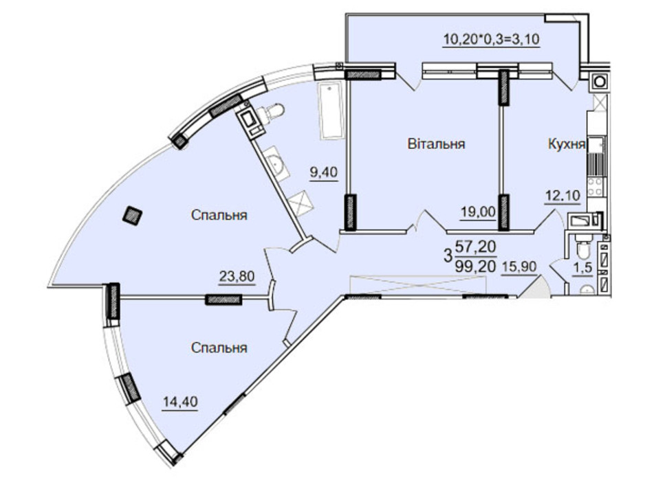 Планировка 3-комнатной квартиры в ЖК Буковинский 99 м², фото 130635 Планировка 3-комнатной квартиры в ЖК Буковинский 99 м², фото 130635