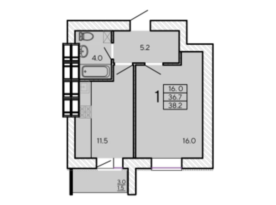 Планировка 1-комнатной квартиры в ЖК ZerNova 38.9 м², фото 131099 Планировка 1-комнатной квартиры в ЖК ZerNova 38.9 м², фото 131099