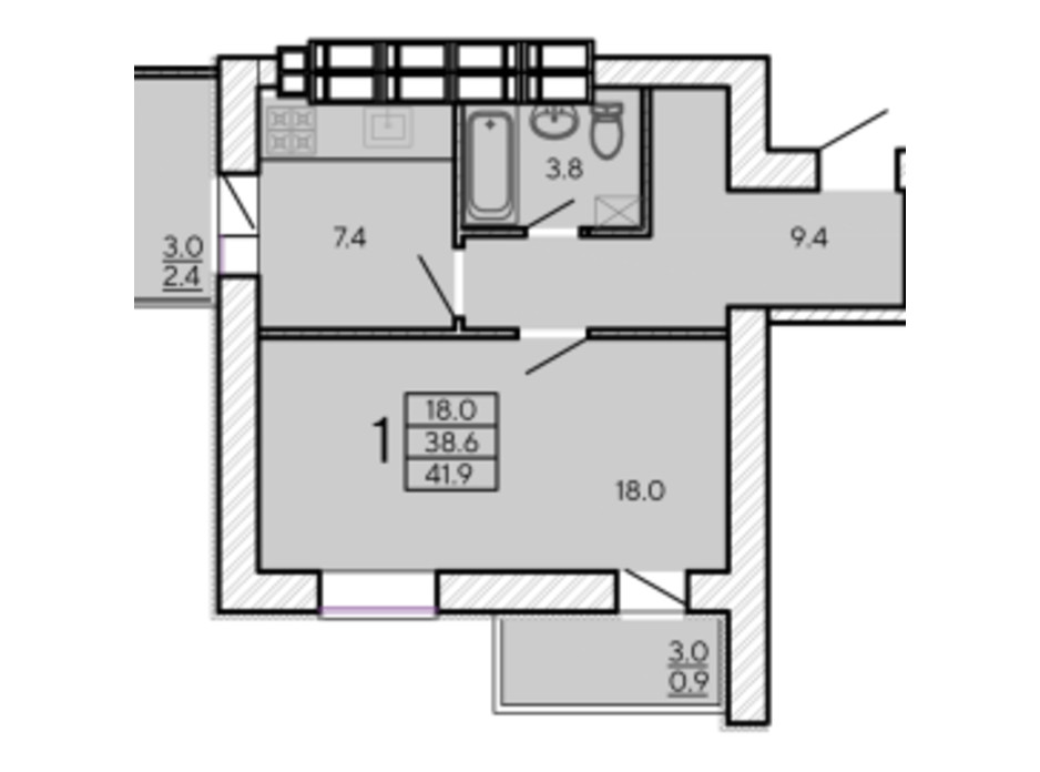 Планировка 1-комнатной квартиры в ЖК ZerNova 41.9 м², фото 131100 Планировка 1-комнатной квартиры в ЖК ZerNova 41.9 м², фото 131100