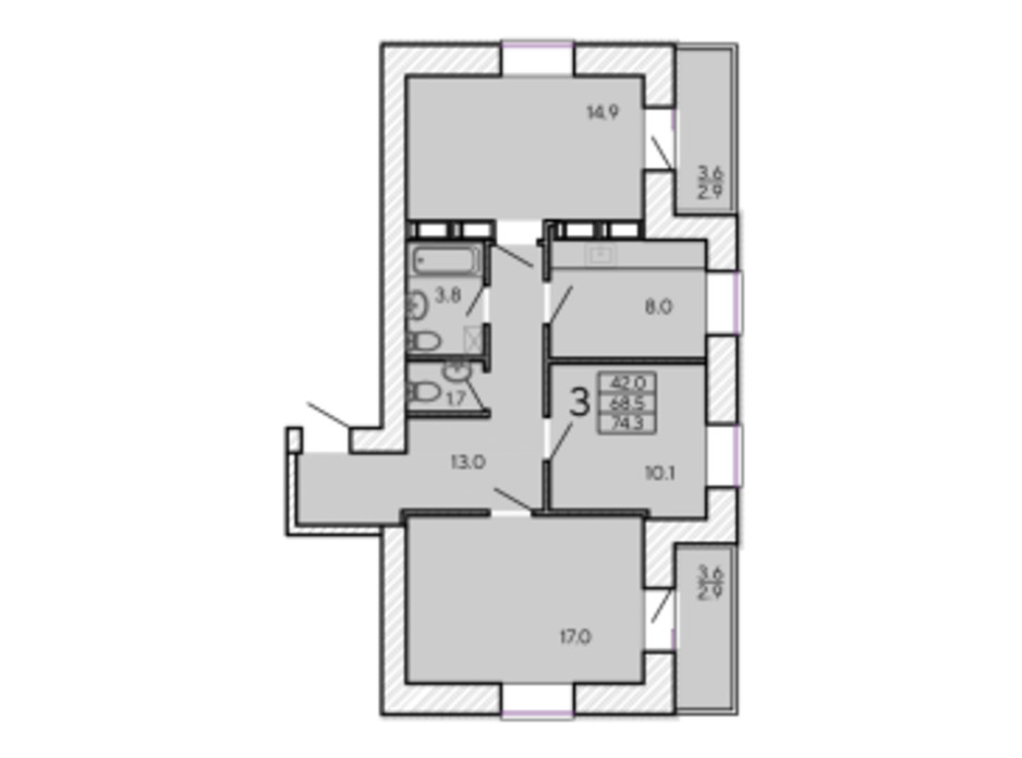 Планировка 3-комнатной квартиры в ЖК ZerNova 74.3 м², фото 131101 Планировка 3-комнатной квартиры в ЖК ZerNova 74.3 м², фото 131101