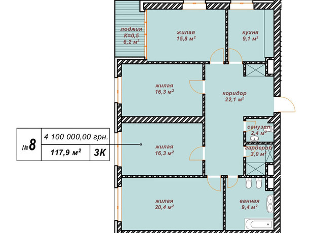 Резиденция Парк-Хаус: планировка 3-комнатной квартиры 118 м²