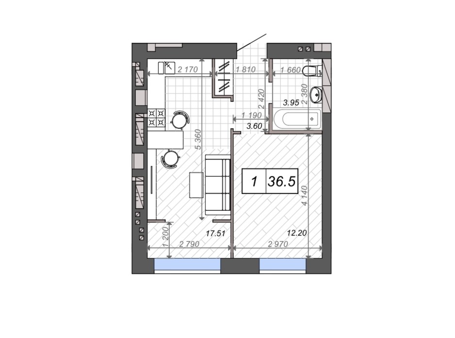 Планування 1-кімнатної квартири в ЖК Нові Метри PARK 36.5 м², фото 131523 Планування 1-кімнатної квартири в ЖК Нові Метри PARK 36.5 м², фото 131523