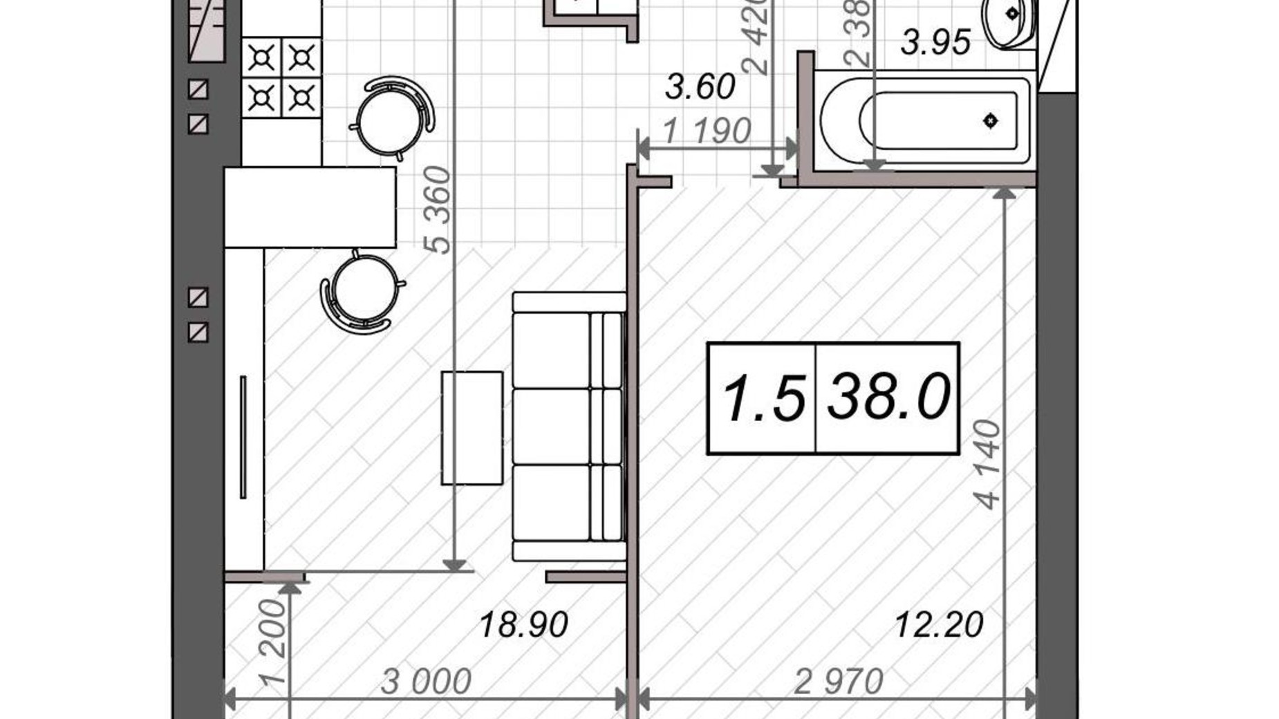 Планування 1-кімнатної квартири в ЖК Нові Метри PARK 38 м², фото 131526