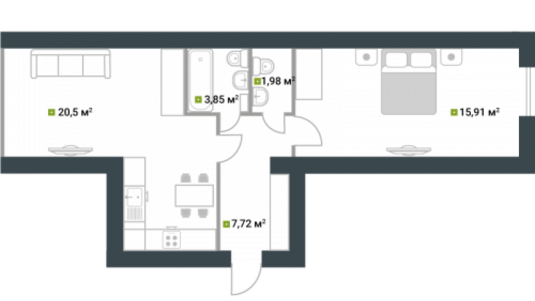 Планировка 1-комнатной квартиры в ЖК Idilika 49.96 м², фото 132608